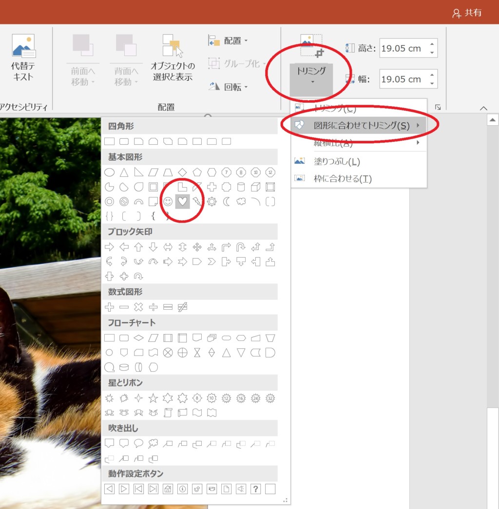 Powerpointで画像を任意の図形にトリミングする方法 正方形 ハート形へのトリミングを例に